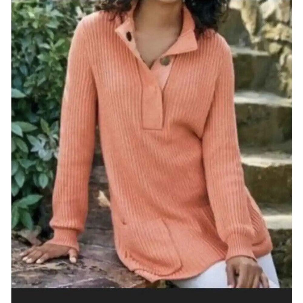 Soft Surroundings Sweater Women’s L Petite Chunky Tunic Henley Sweater Pockets